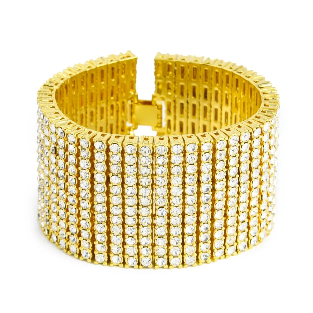 

Bling Iced Out 12 Row Simulated Stone Bracelets Women Men Golden Hip Hop Jewelry Gift hand Chains Rhinestone Bangles
