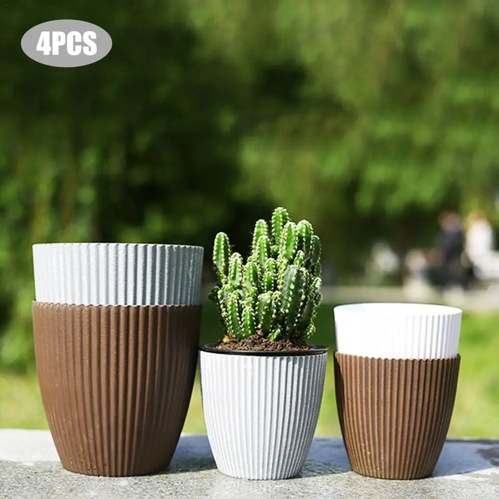 

4PCS Self-absorbent Flower Pot Melamine Cement Retro Nordic Basin Set For Green Plant Green Rose Succulent Flower Pot