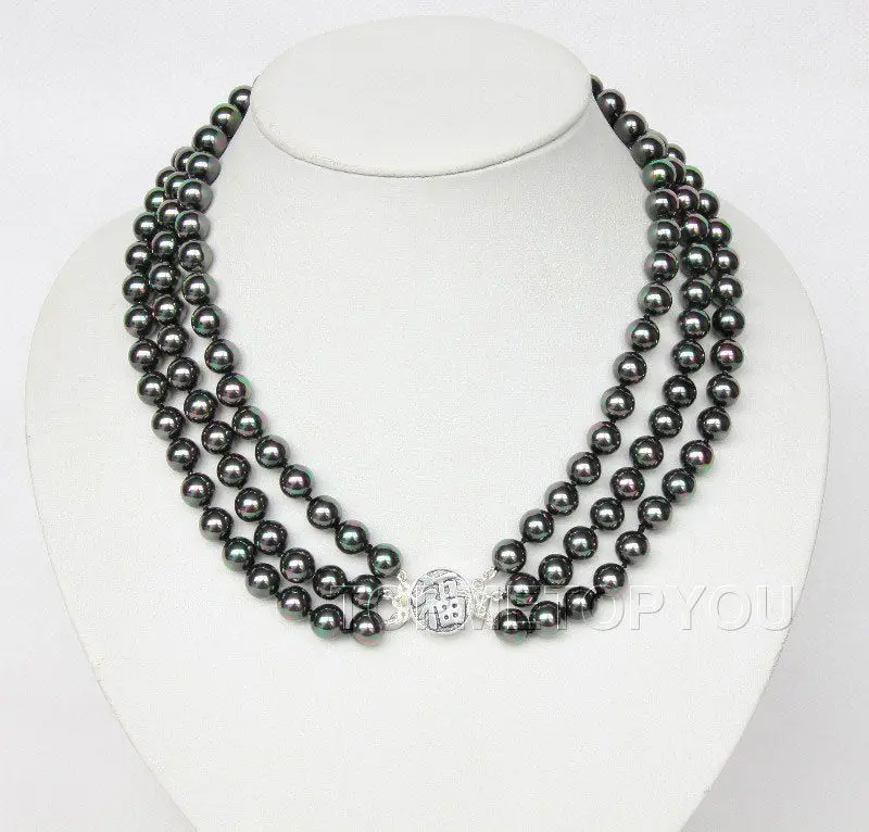 

FREE SHIPPING HOT sell new Style >>>> Amazing! 3rows round 8mm rainbow-black sea shell pearls necklace 925ss