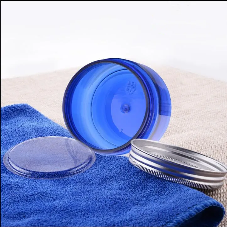 Бесплатная доставка 100 г/мл синий ясно lucency Пластик пустой b0ttle Алюминий Кепки крем Для ванной соль пустые косметические контейнеры