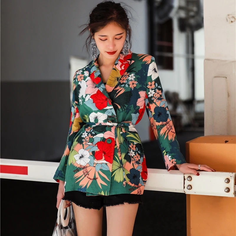 

2018 Full Sleeve Plant Printed Blazer Flower Green Blazers Bohemian Sashes Floral Cotton Blend Female Outwear Thin