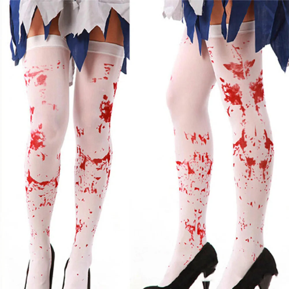 

Adults Women Fancy Dress Blood Bloody Printing Socks Stockings Halloween Gothic Scary Nurse Zombie Costume Cosplay Terror