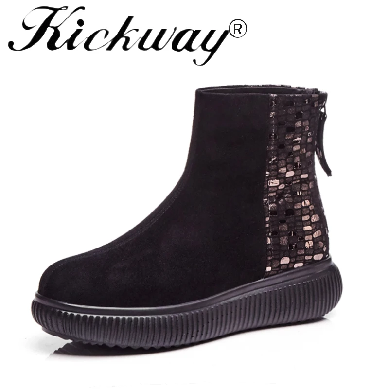 

Kickway 2018 Martin Boots Woman Round Toe Black Real Leather Short Boots Back Zipper Flat Ankle Boots For Ladies Plus Size 34-42