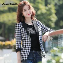 1pcs Women Plus size Slim fit Blazers coats 2019 Summer cotton blend plaid Small Suits jackets ladies Skinny Blazers Suits coats