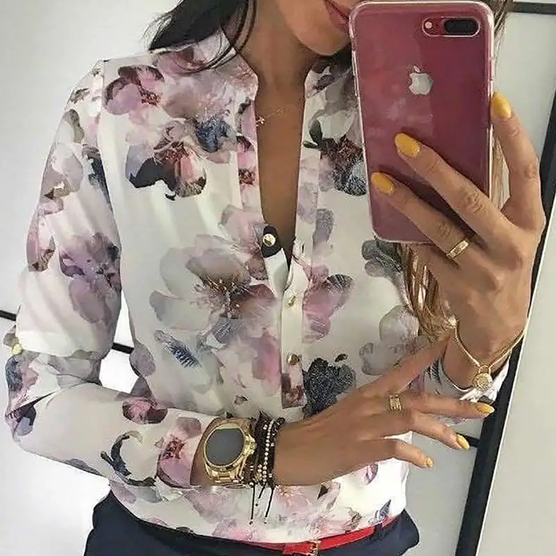 2019 Spring Women Elegant Casual Blouse Floral Print Button Design Long Sleeve Shirt Basic Top 2019 Spring Women Elegant Casual Blouse Floral Print Button Design Long Sleeve Shirt Basic Top
