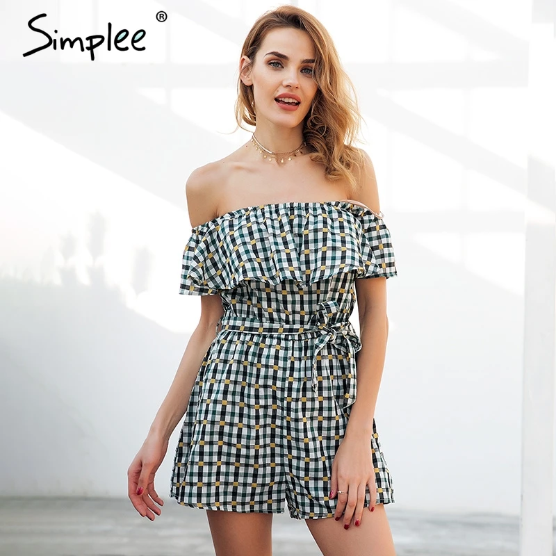 

Simplee Off shoulder ruffle plaid jumpsuit romper women Backless sexy sash bow short jumpsuit 2018 Loose casual summer playsuit