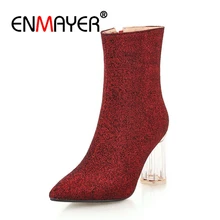 ENMAYER Women Ankle boots Pointed Toe High heels Short boots Autumn Winter boots Glitter shoes Thick heels Silver Zipper CR1203 luchfive individual front zipper ankle boots for women pointed toe clear acrylic wedge heels transparent women short boots