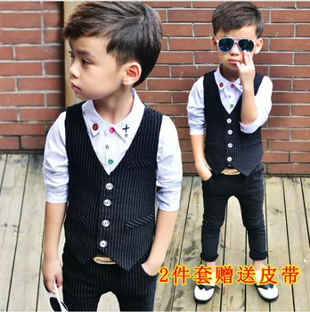

Elegant british style children's clothing child twinset spring and autumn boys child stripe suit vest set
