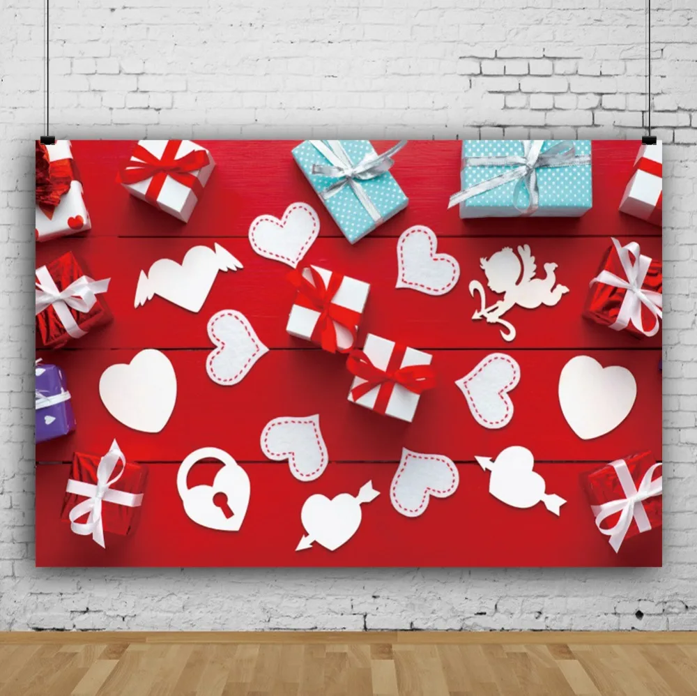 Laeacco Red Wooden Boards Hearts Gifts Wall Party Portrait Scene Photography Backgrounds Photographic Backdrops For Photo Studio