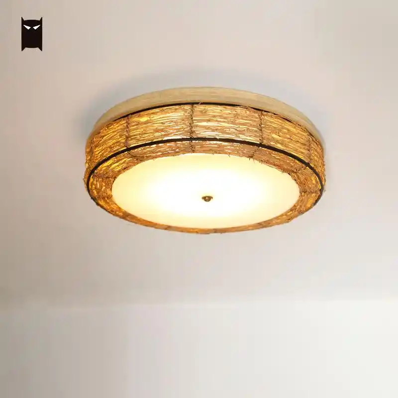 Wood Wicker Rattan Round Ceiling Light Fixture Vintage Rustic Wood Wicker Rattan Round Ceiling Light
