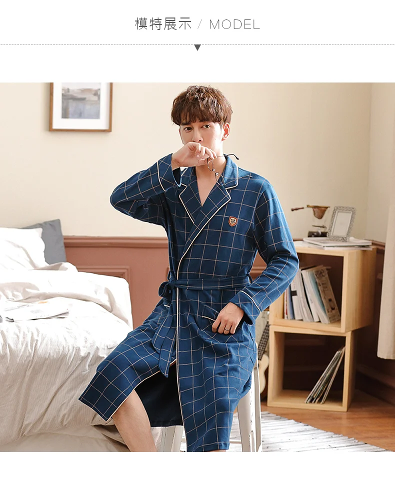 Мужской халат японский Мужская Ночная рубашка хлопок длинный рукав халат плюс размер элегантный плед Домашняя одежда Мужская s халат хлопок