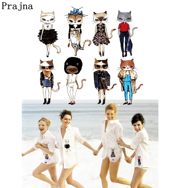 

Prajna Cat Patch Fashion Cats Girl Iron On Transfer Set Big Size Heat Vinyl Paper Humor Iron On Patches For T-shirt Accessories