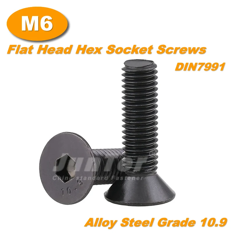 20pcs/lot M6(6mm) Black Alloy Steel Grade10.9 High Tensile Flat Allen Bolts Hexagon Socket