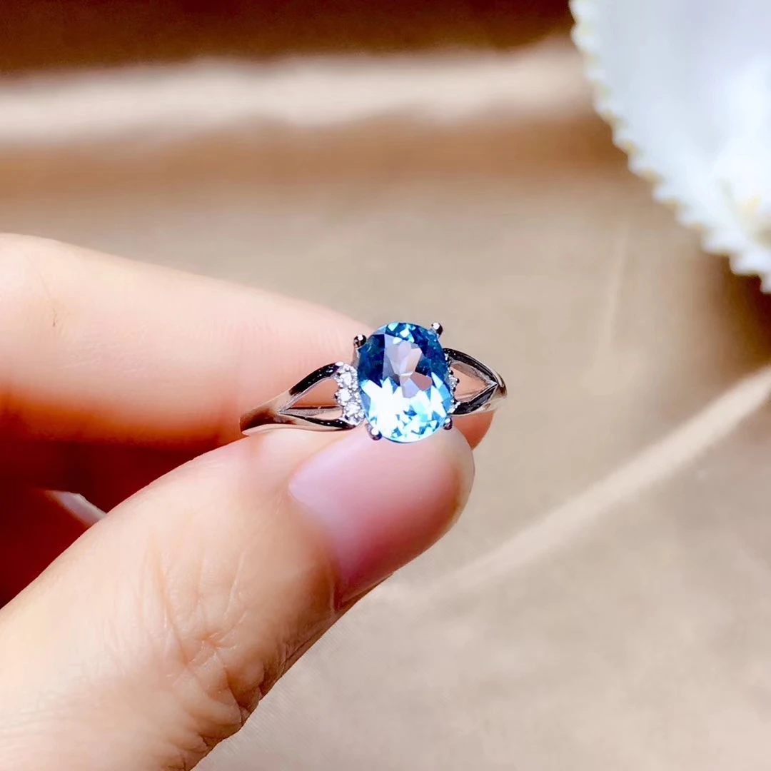 Классический простой геометрический персик Природный Голубой топаз кольцо с камнем S925 серебро натуральный драгоценный камень кольцо женские вечерние подарок ювелирные украшения