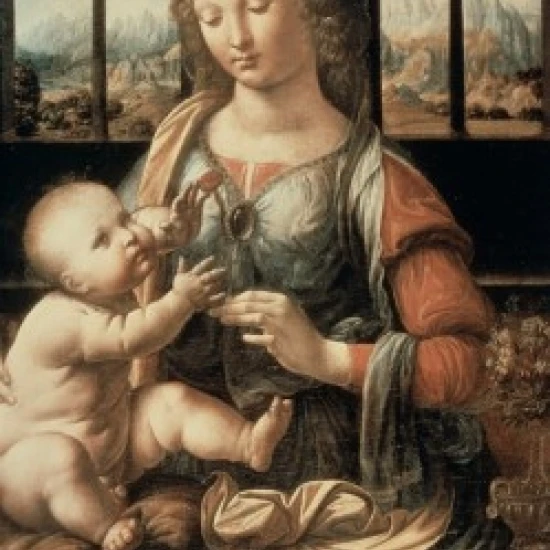 Madonna of the Carnation c 1478 Leonardo da Vinci 1452-1519/Italian Oil on wood panel Alte Pinakothek Munich 18 x 24