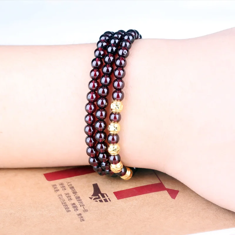 

Pure 24K Yellow Gold Bracelet Garnet Bead Weave Bead 6.7"L