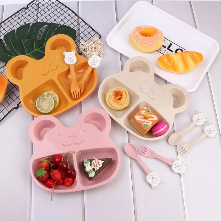 

3pc/set Children Baby wheat Tableware Solid Feeding Cute Cartoon Bear bowl Fruit plate tableware dish Set for Children