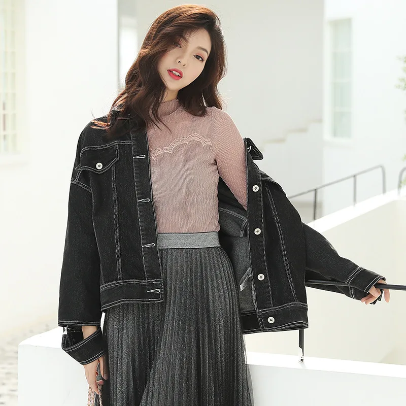 

Fashion Retro Turn-down Collar Biker Jean Jacket Women Spring Long Sleeve Basic Coat 2019 New Arrival Womens Black Denim Jacket