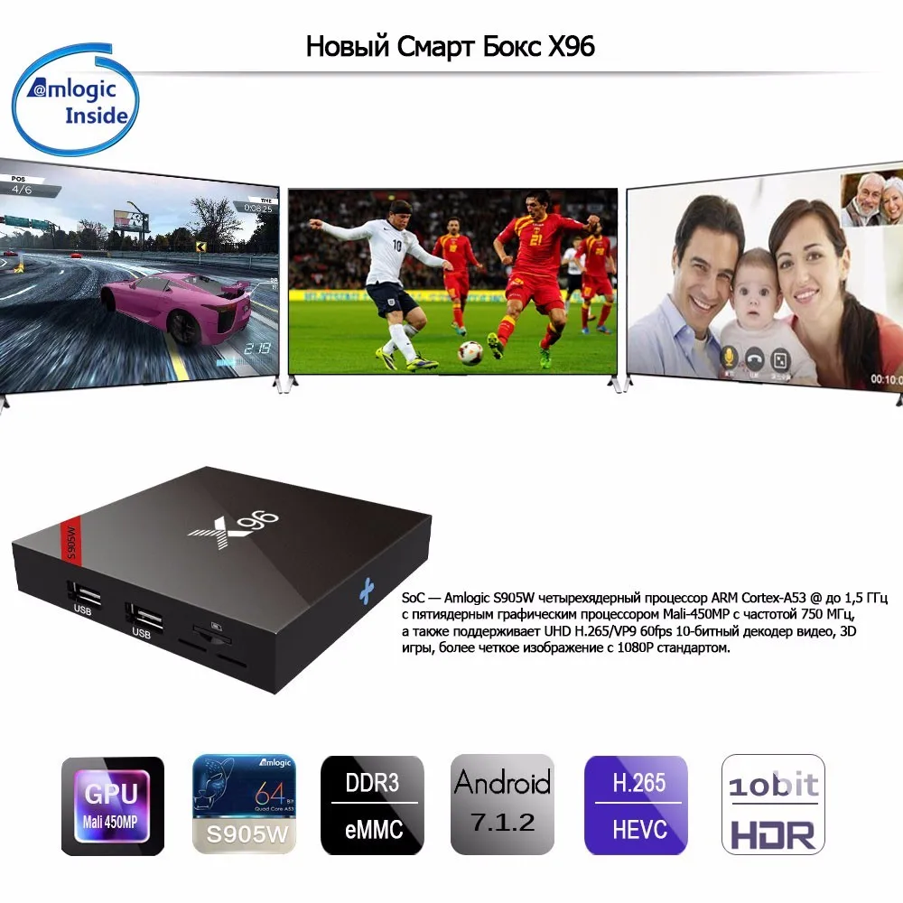 X96W Android 7,1 ТВ Box Мини Box ТВ Amlogic S905W 1+ 8 г 2+ 16 г Поддержка bluetooth 2,4 ГГц Wi-Fi HD 4 К медиаплеер телеприставку