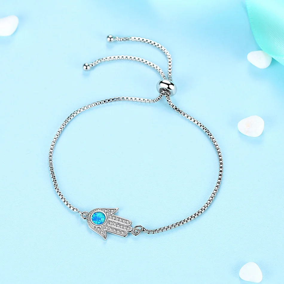 ELESHE Adjustable Trendy Silver Chain Bracelet with CZ Zircon Blue Eye Hamsa Hand Charm Bracelets for Women Wedding Jewelry