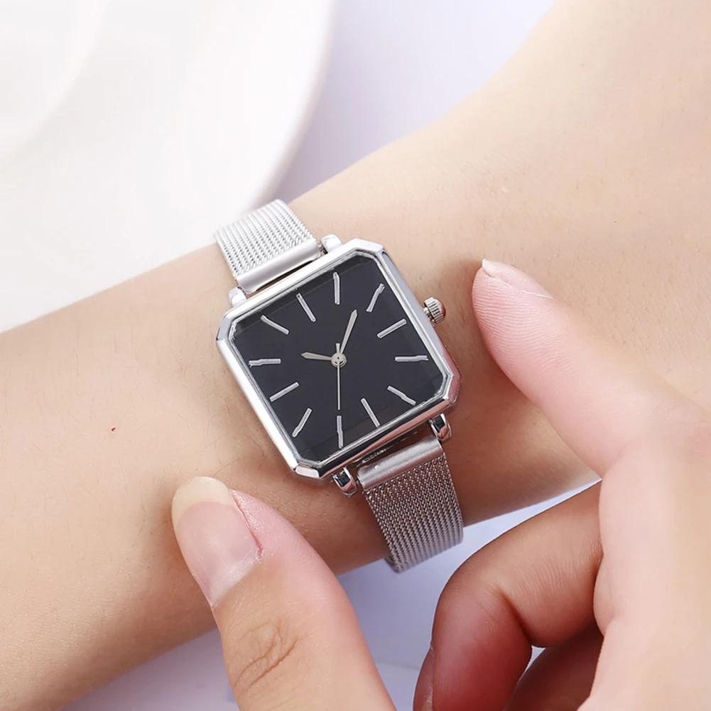 Business Party Women Analog Square Dial Alloy Mesh Band Quartz Wrist Watch Gift Mesh Belt Design Silver Black brown Watch Gift