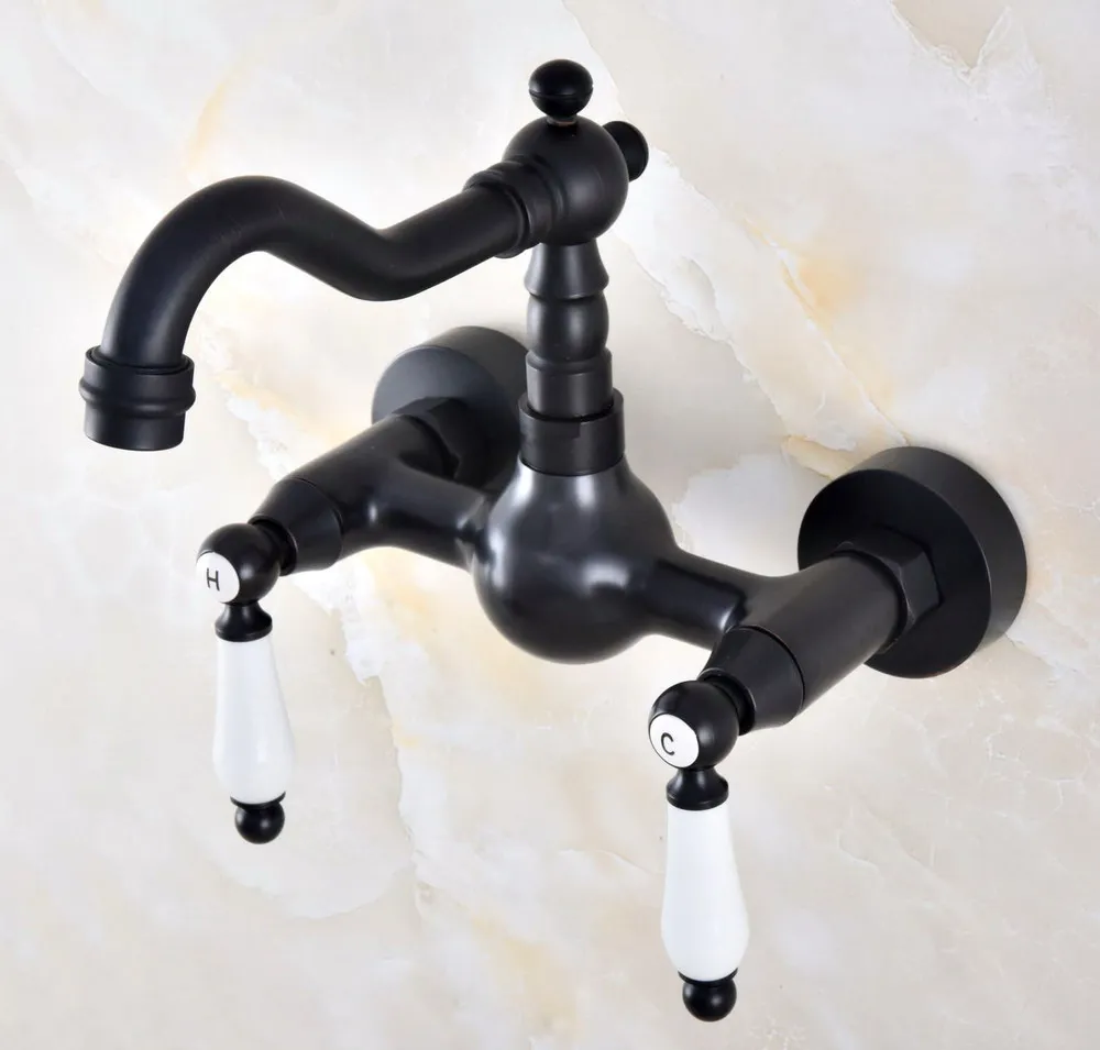 Black Oil Rubbed Bronze Wall Mounted Bathroom Kitchen Sink Faucet Swivel Spout Mixer Tap Dual Ceramics Handles Levers anf858