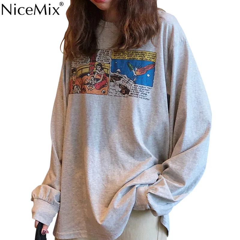 NiceMix, хлопковая рубашка с длинным рукавом, женские топы,, весна-осень, Harajuku, футболки с принтом, винтажные комиксы, футболки tumblr, рубашка для женщин