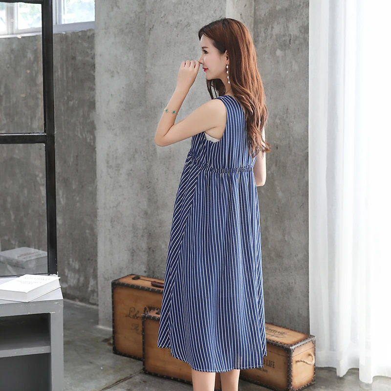 MODENGYUNMA  Pregnant women striped v-neck dress 2018 new sleeveless pregnant women chiffon dress maternity wear lactation