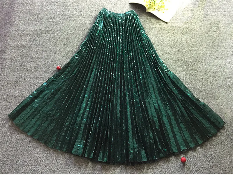 NORMOV блестящая Тюлевая плиссированная юбка с блестками, Женская винтажная юбка длиной до щиколотки с высокой талией, модные темно-зеленые трапециевидные юбки для женщин