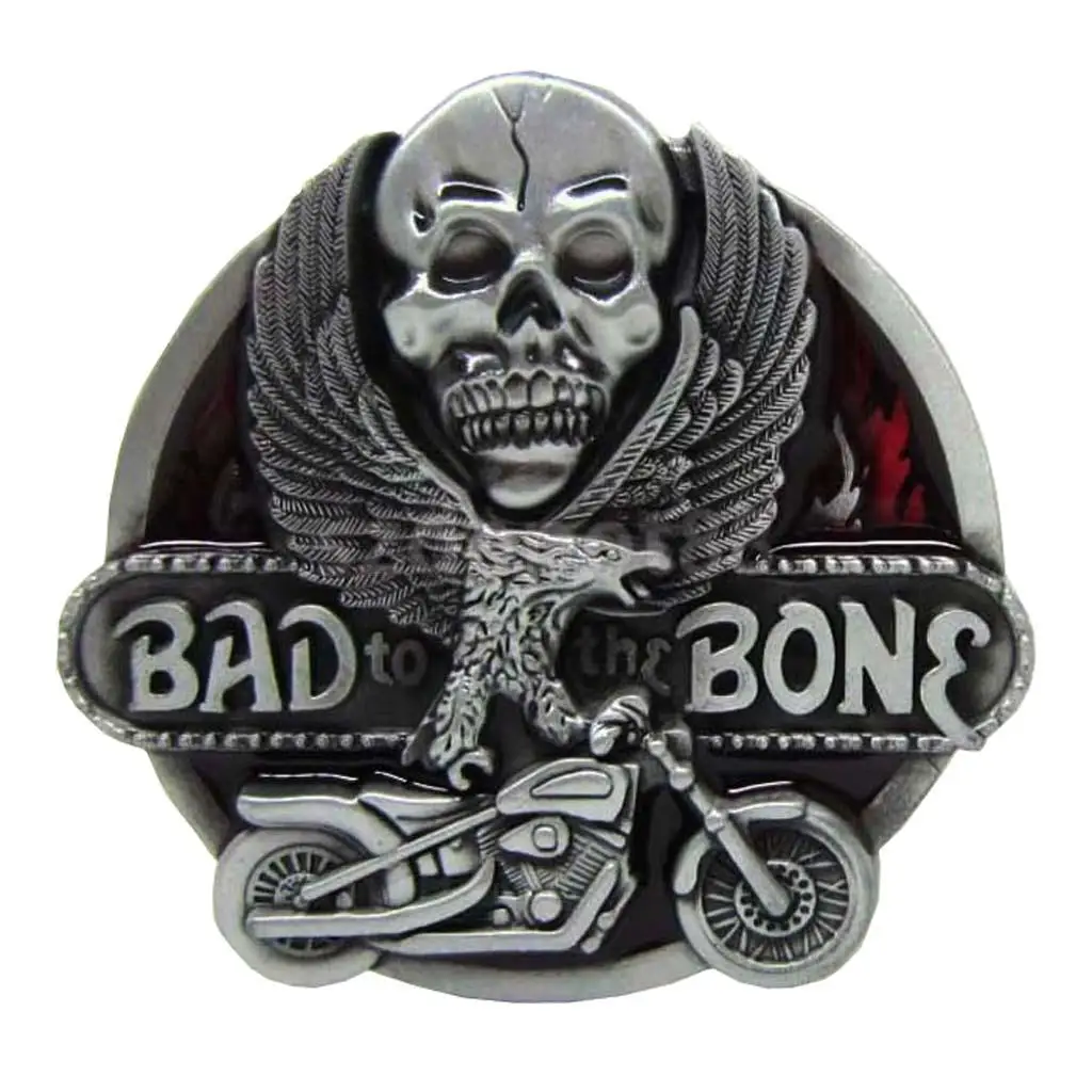 'Bad to the Bone' Skull Flying Eagel Motorcycle Metal Belt Buckle Western Cowboy