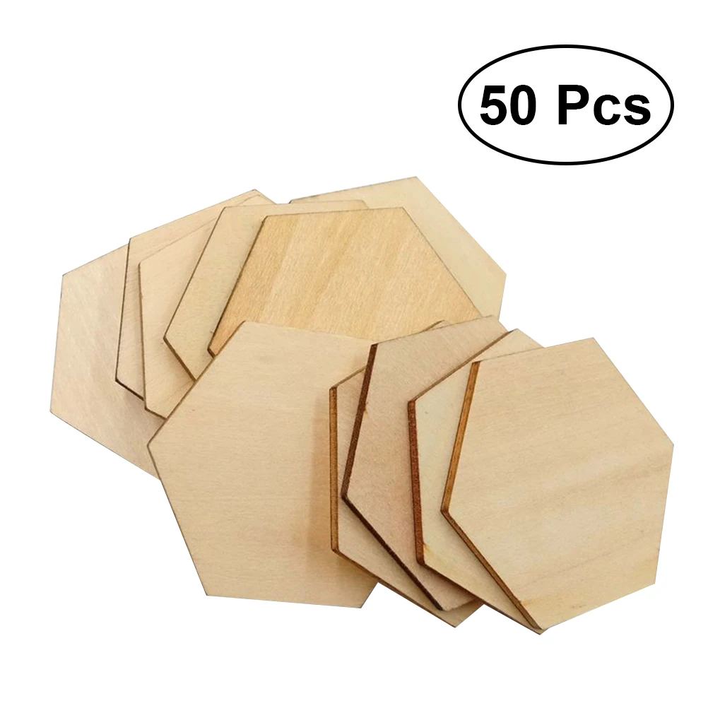 

50PC 50MM Beech Wooden Hexagonal Pieces Ornaments Wooden Shapes Ornaments Embellishment DIY Crafts Decorations