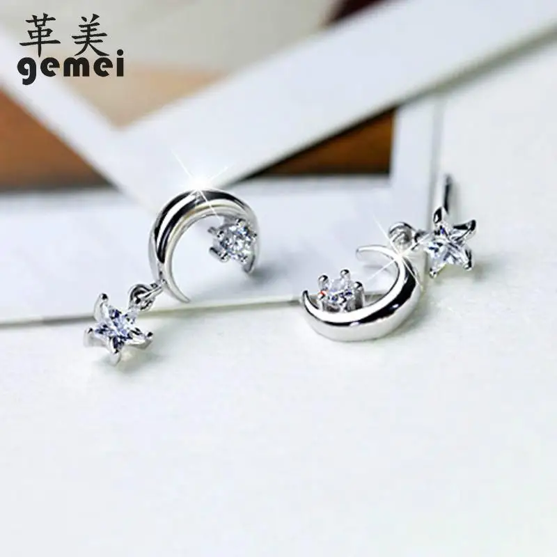 

Gemei 100% 925 Sterling Silver Cubic Zirconia Asymmetry Moon Star Drop Earrings For Women Fashion Party Jewelry