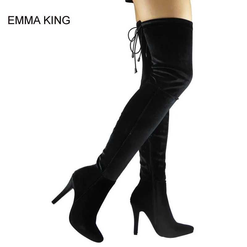 

EMMA KING Over The Knee Lace Up Thin High Heels Pointed Toe Women Sexy Boots Side Zipper Autumn Winter Botas Mujer Flock Shoes