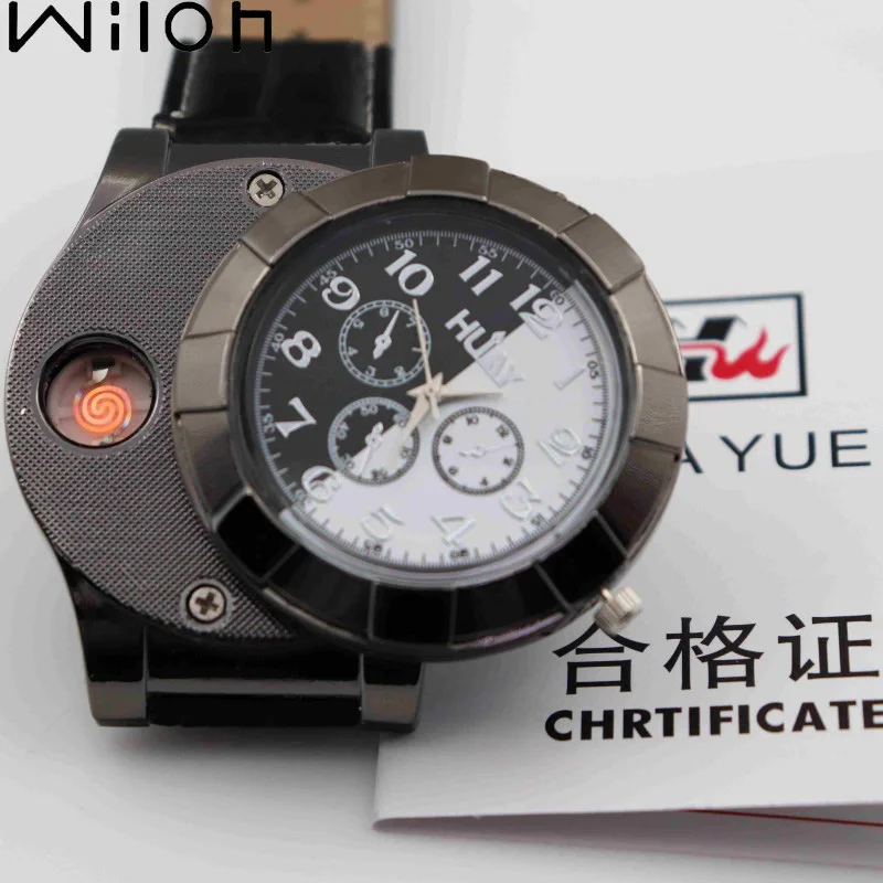 

hot Lighter Watches Rechargeable USB Casual Men Quartz Wristwatches leather strap Fashion Flameless Cigarette Lighter F667