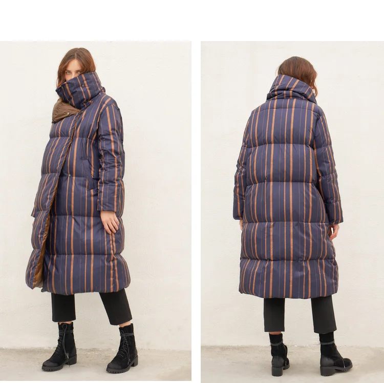 IRINAY049 Новая коллекция теплое зимнее пальто со стоячим воротником в Вертикальную Полоску женское белое пуховое пальто