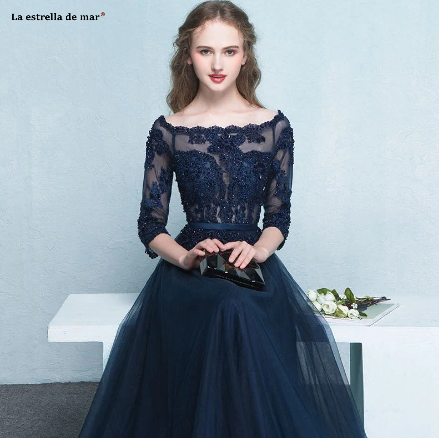 Гостей свадьбы dress2019 Новый из кружева, с вырезом на шее Половина рукава чешские темно-голубое платье для подружки невесты длинные robe demoiselle