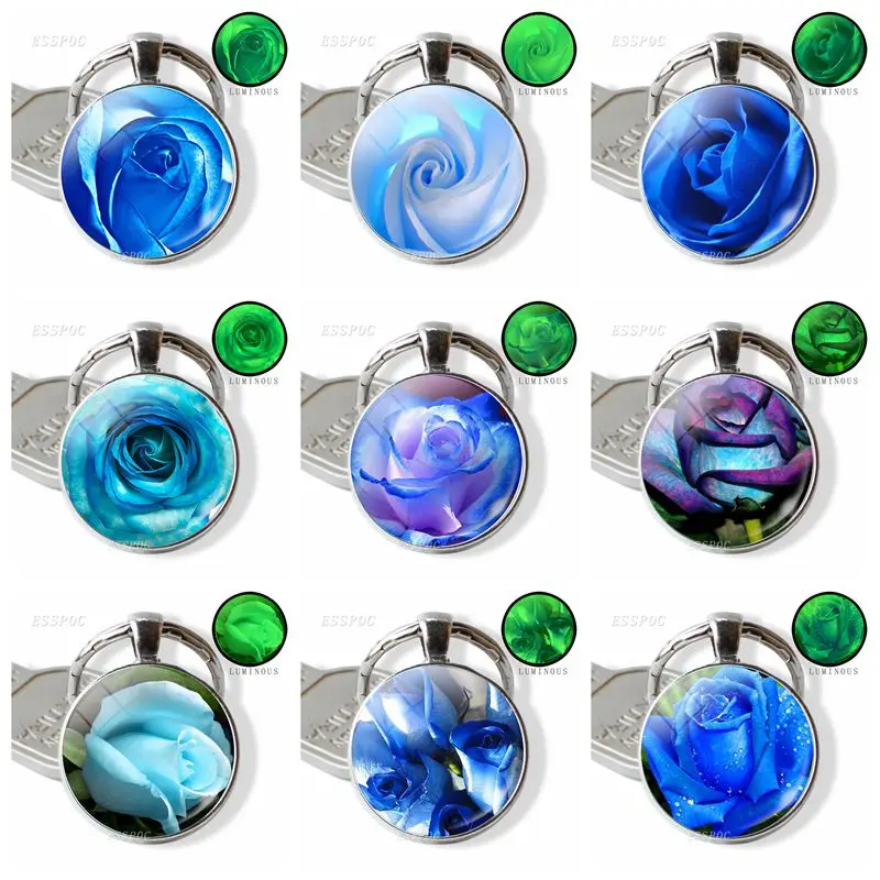 

Luminous Rose Pendant Glowing Blue Enchantress Key Chain Glass Pendant Metal Keychain Romantic Handmade Gifts for Girlfriends