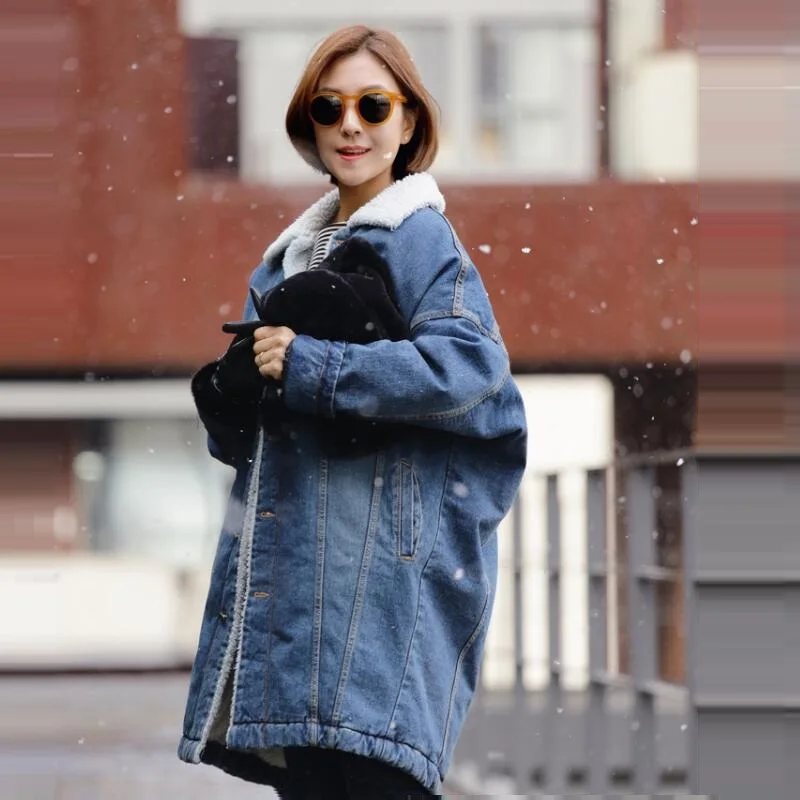 

Winter Denim Jacket for Women New 2019 Fashion Female Long Jacket Warm wool lining coat Female Casual Harajuku casaco feminino