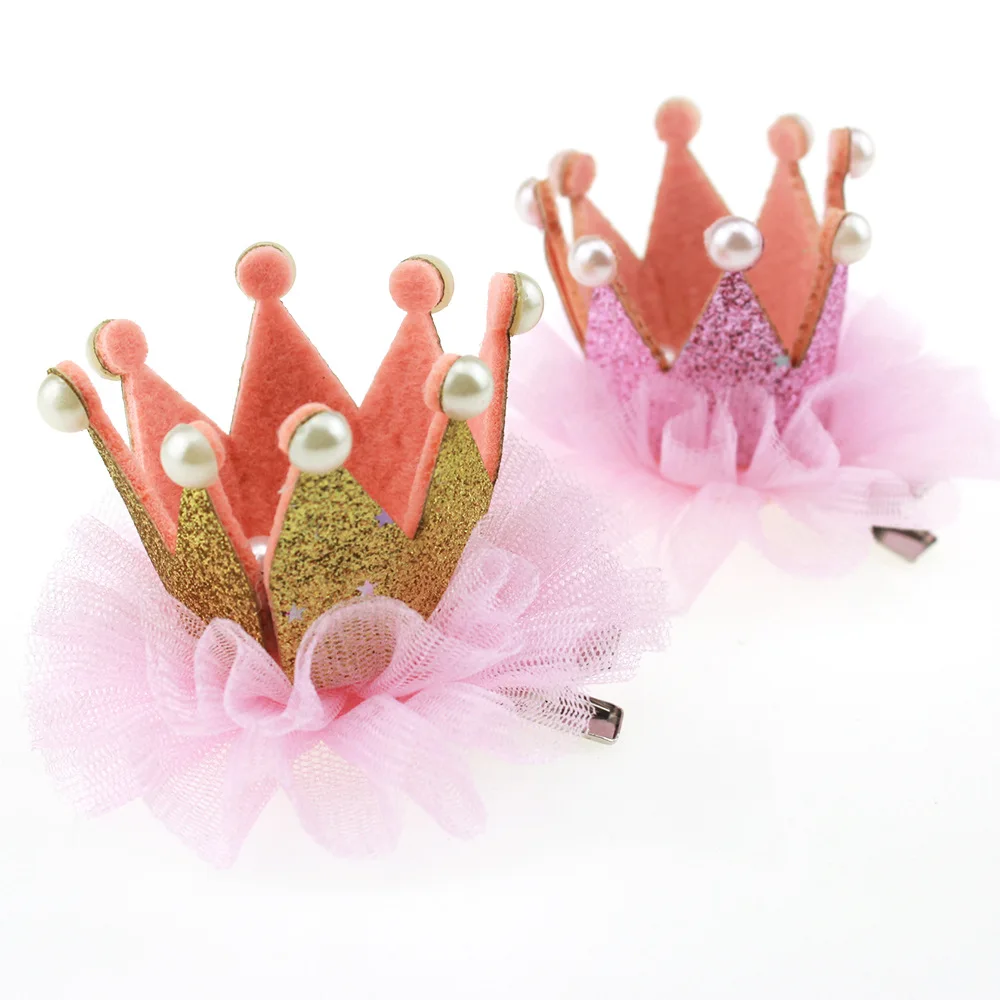 

Girls Crown Hair Clips Wedding Children Princess Lace Pearl Hairpins Christmas Party Pink and Gold Hair Accessoies