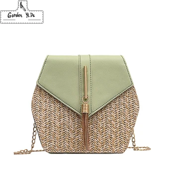

Hexagon Style Straw+leather Shoulder Bag Women Summer Rattan Bag Handmade Woven Beach Circle Bohemia Fashion chain Crossbody bag