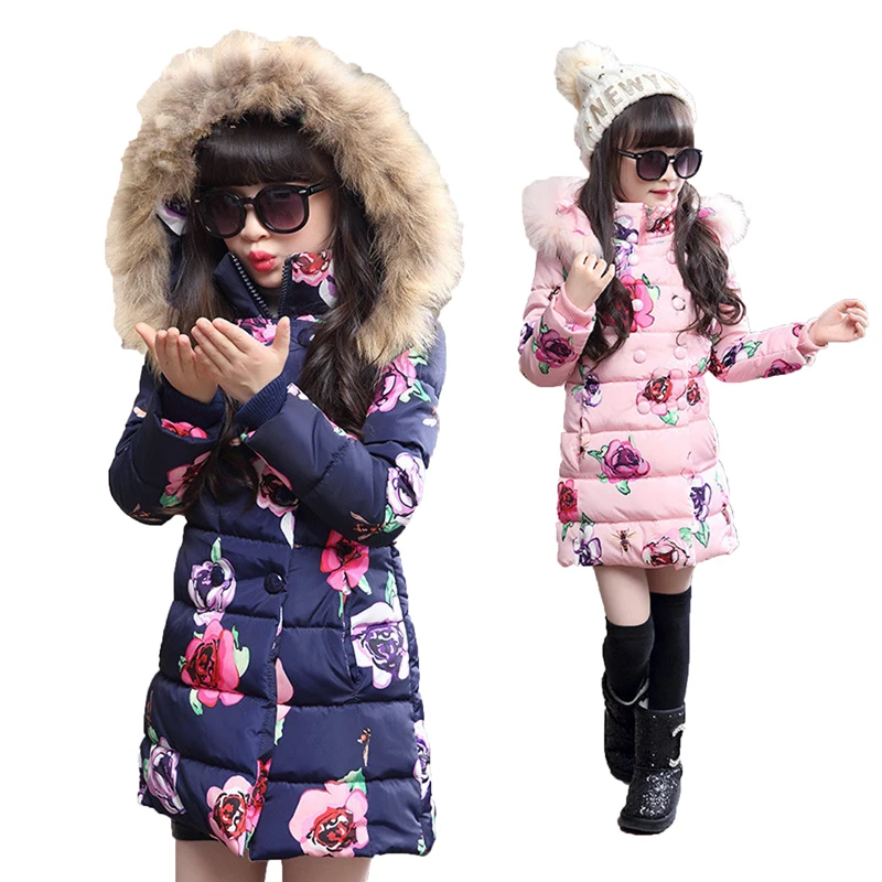 

Hot sell 2017 Fashion Medium-long Winter Coat for Girls Children Clothing Big Girls Printed Cotton-padded Jacket with Fur Hood