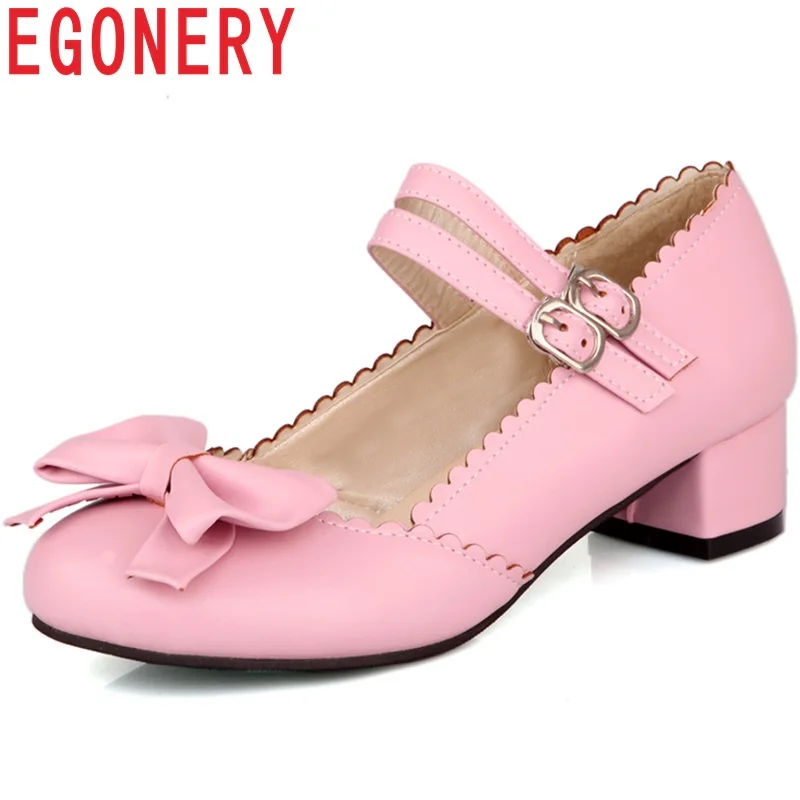 

EGONERY women heels shoes round toe thick low heel ladies bowtie shoes pumps double buckle girls black beige pink shoes spring