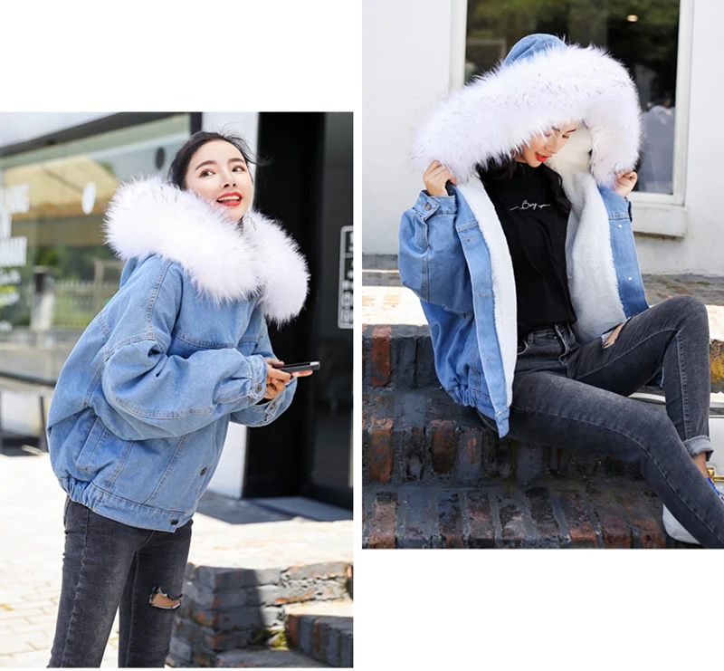 Зимняя меховая джинсовая куртка женская модная синяя джинсовая куртка с искусственным кроличьим мехом пальто с теплой подкладкой Женская одежда оверсайз с меховым воротником