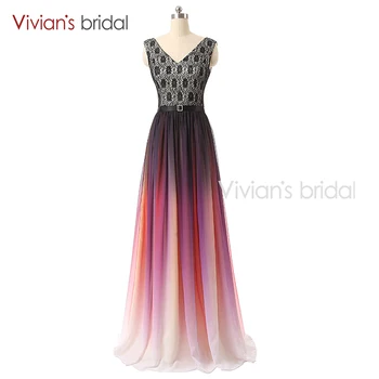

Vivian's Bridal Long Evening Dress Lace Up V Neck Cap Sleeve Rainbow Tulle Formal Evening Gown 02