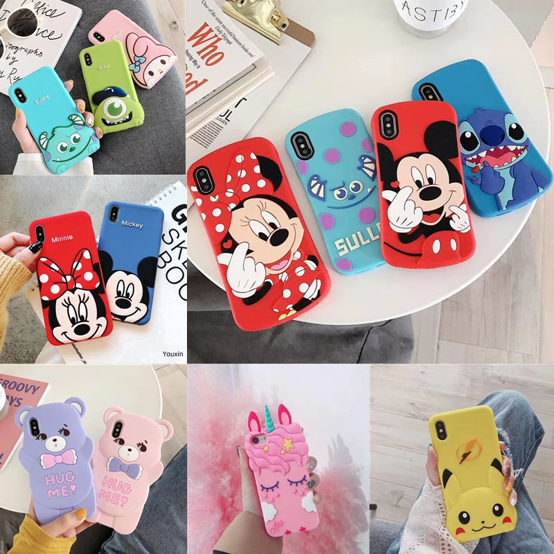 

3D Cartoon Case Soft Silicone Cover for iPhone X XS Max XR 7 8 Plus 6 6S Cases Minnie Sulley Stitch Unicorn Cat Pig Bear Cases