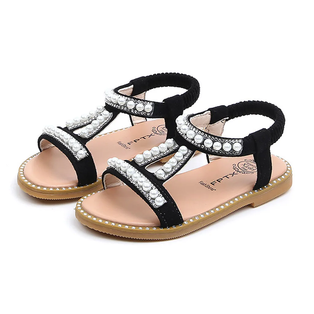 Детские сандалии для маленьких девочек с жемчужинами и кристаллами; повседневная обувь; дышащие сандалии принцессы в римском стиле; обувь на плоской подошве для девочек