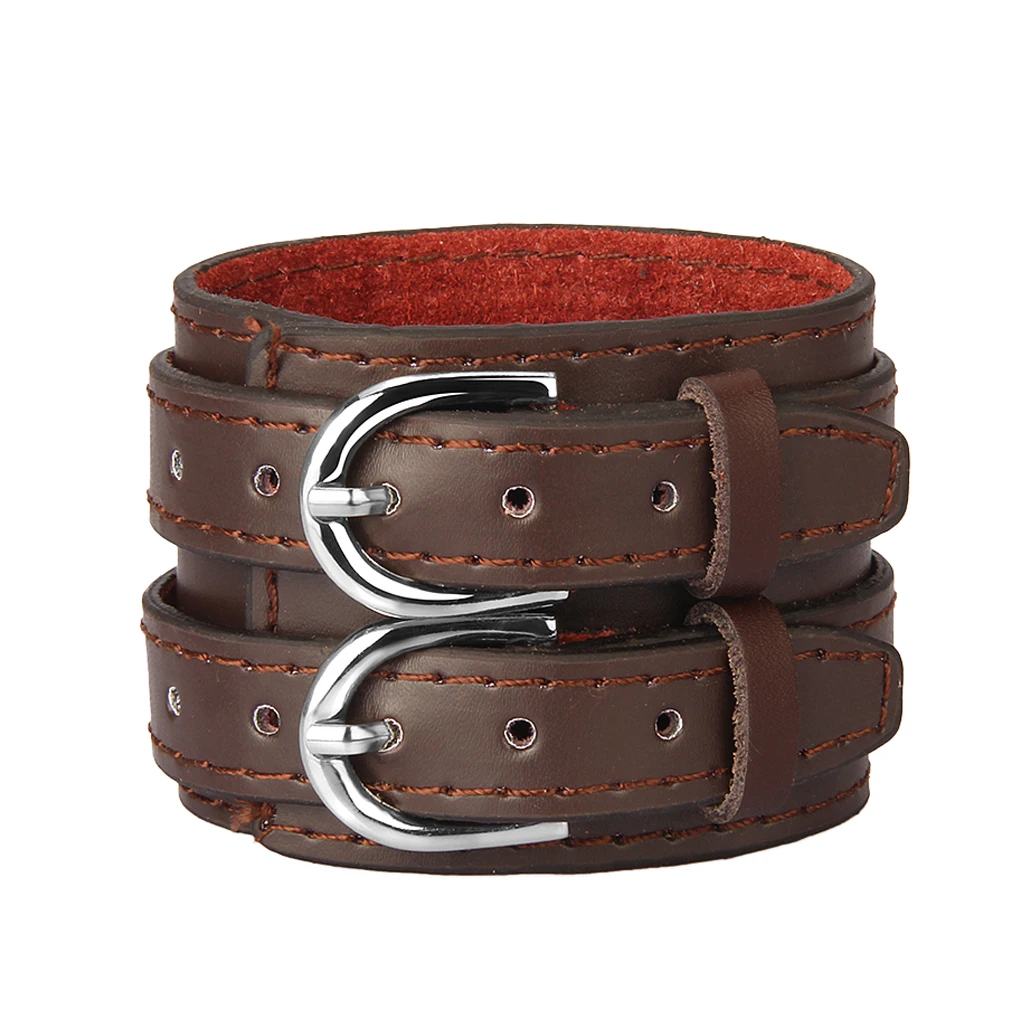Wide Classic Design Brown Punk Rock Biker Double Tour PU Leather Wide Cuff Bracelet Men Bangle Bracelets Accessory 