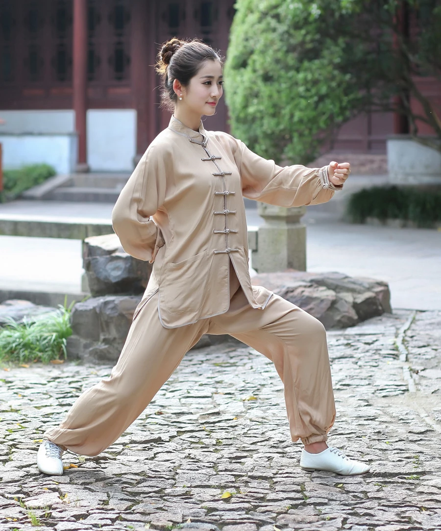 Бежевый Традиционный китайский женский костюм из хлопка с длинными рукавами кунг-фу тай-чи XXS XS S M L XL XXL XXXL