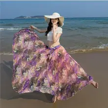 Летняя новая модная богемная шифоновая длинная юбка с цветочным принтом, Повседневная Свободная юбка в стиле ампир со шнуровкой для отдыха и пляжа