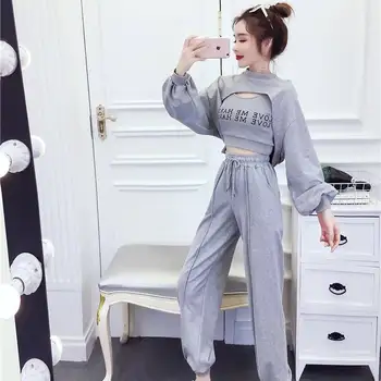 

Summer Autumn Three Pieces Set Hoodies Hollow out Top&Singlet&Pant Tracksuit Women Set Elastic Waist Leisure 3 Piece Set women